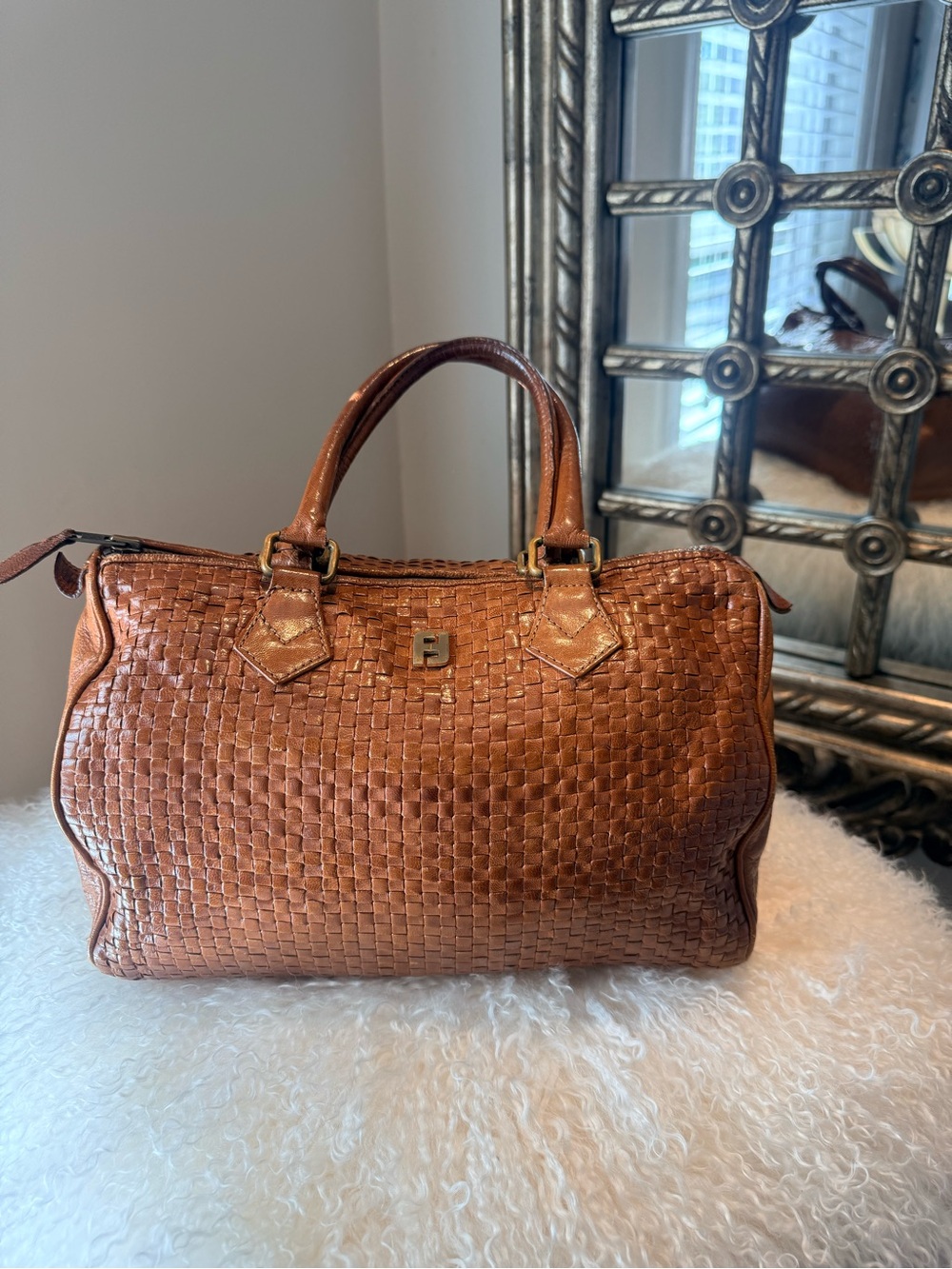 Rare Fendi Boston Bag S.A.S. Roma hand-woven "intrecciato" leather design